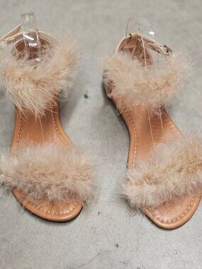 Faux Fur Strap Open-Toe Sandals With Clear Ankle Strap & Low Heel Nude